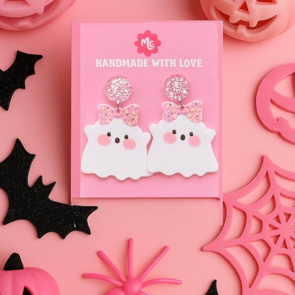 Pink Ghost Earrings — Cute Glitter Bow Halloween Dangle Jewelry - Picture 1 of 4